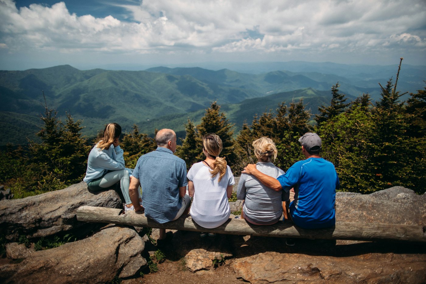 A family sitting on a log bench looking out over forested mountains